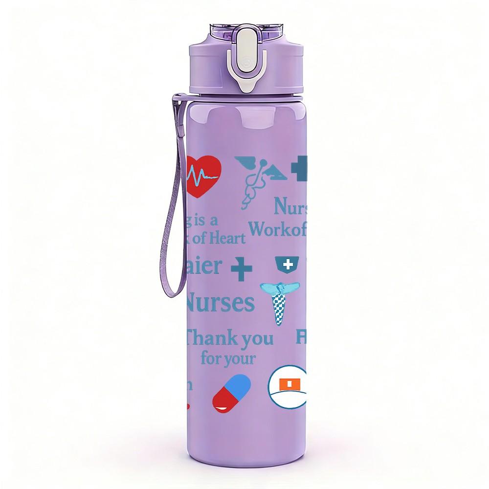 1PC Nurse Quote Heart Pattern 750ml Color Plastic Sports Water Bottle Leakproof Flip Straw Lid Suitable for Sports Office Home Use