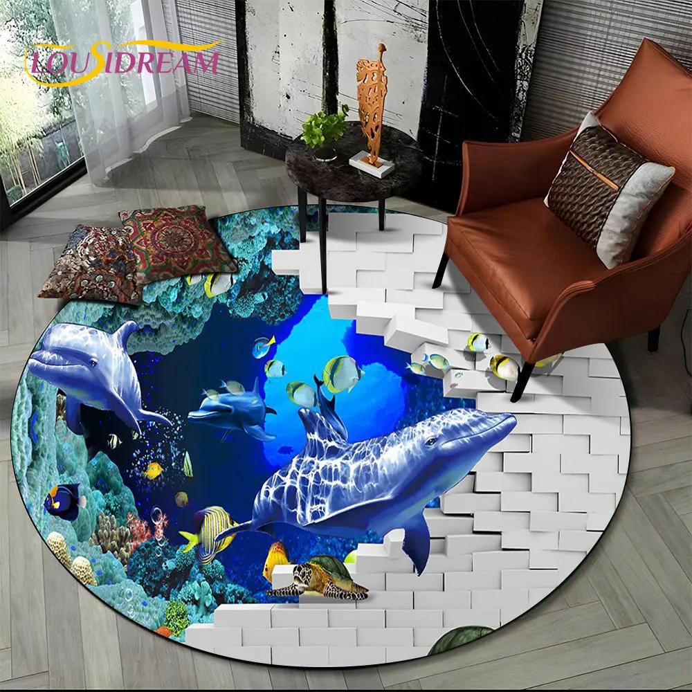 3D Seabed Illusion Underwater World Dolphin Round Area Rug,Carpet for Living Room Bedroom Sofa Playroom Decor,Non-slip Floor Mat