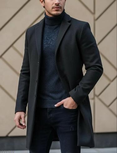 Men s medium and long-sleeved woolen coat autumn and winter woolen coat woolen suit trench coat M чёрный