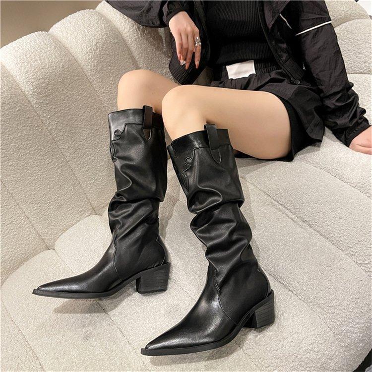 Pointy Western Cowboy Boots Women'S New Autumn Pleated But Knee-High Boots Chunky Heel High Knight Boots C546
