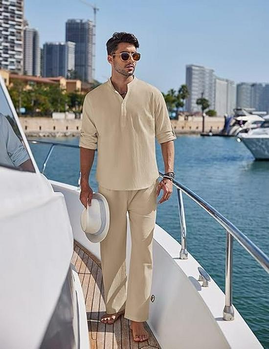 2024 Men's Solid Color Cotton Linen Henley Shirt & Long Pants Set - Autumn/Winter Casual Wear