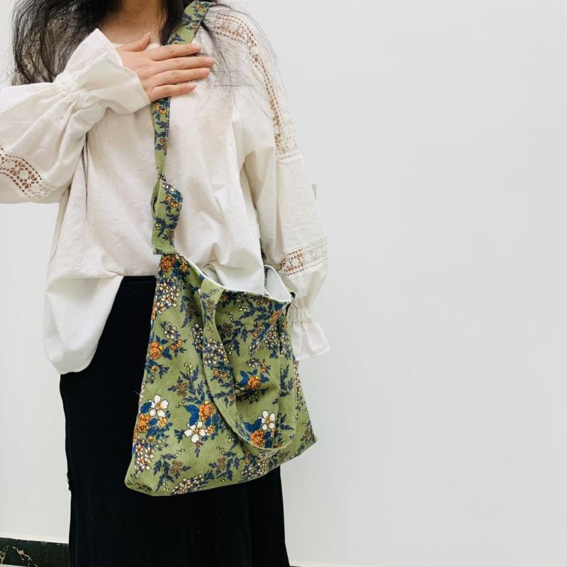Fashion Retro Floral Print Bag Large-Capacity Corduroy Shoulder Bag Casual Small Fresh Canvas Crossbody Bag