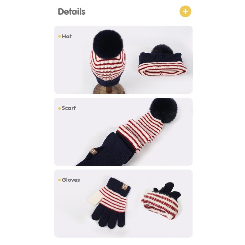 3-piece Set of Children's Hats, Scarves, Gloves, Striped Autumn and Winter Warm Wool Ball Knitted Ear Protection Hats
