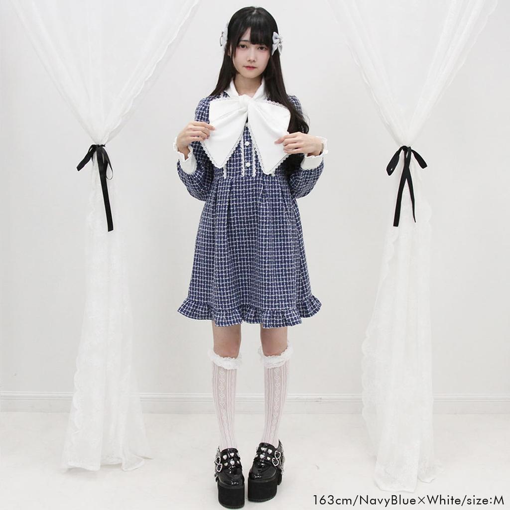 Dear My Love Casual Bow Tie Tweed Dress in Pink and White Women's