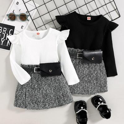 Kids Skirt 3pcs Suit, Girls Long Sleeve Round Neck Loose Ruffle Tops + Fall Casual Party Half Dress + Waist Bag
