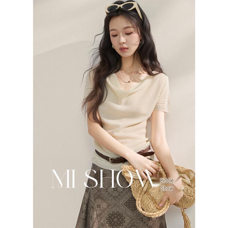 Women s Soft Tencel Knit Cowl Neck Short Sleeve Top M грязно-белый