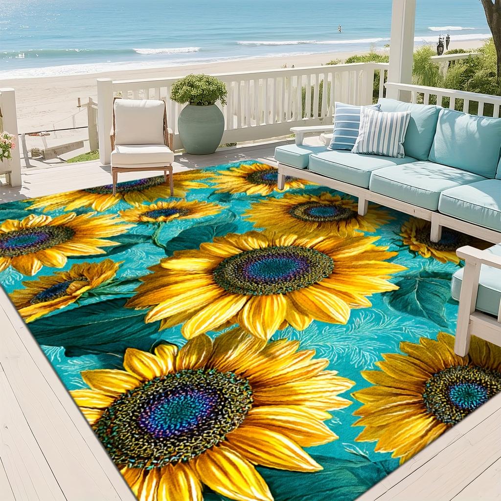 Sunflower Floral Printed Area Rug, Teal Background Decor Floor Mat, Soft Washable Rug for Living Room, Bedroom, Patio