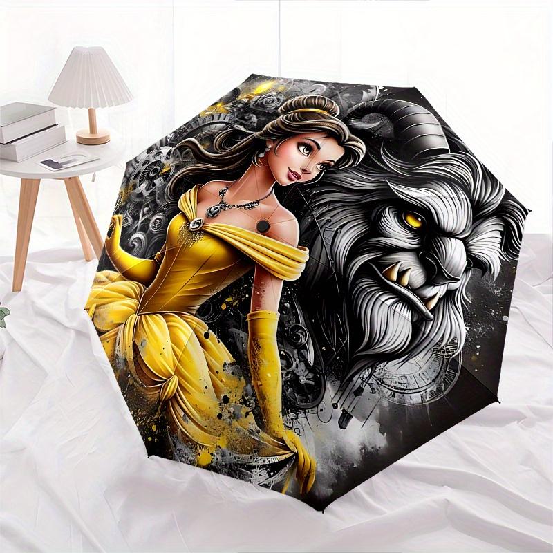 Disney Belle, Beast Automatic Open/Close Umbrella - Cute Umbrella with Cute Design, Portable 3-Fold Compact Umbrella for Men & Women, Valent