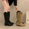 Brown V-mouth Boots Women's 2025 Spring New Thick Heel Suede Tall Knight Boots Popular Western Pile Boots
