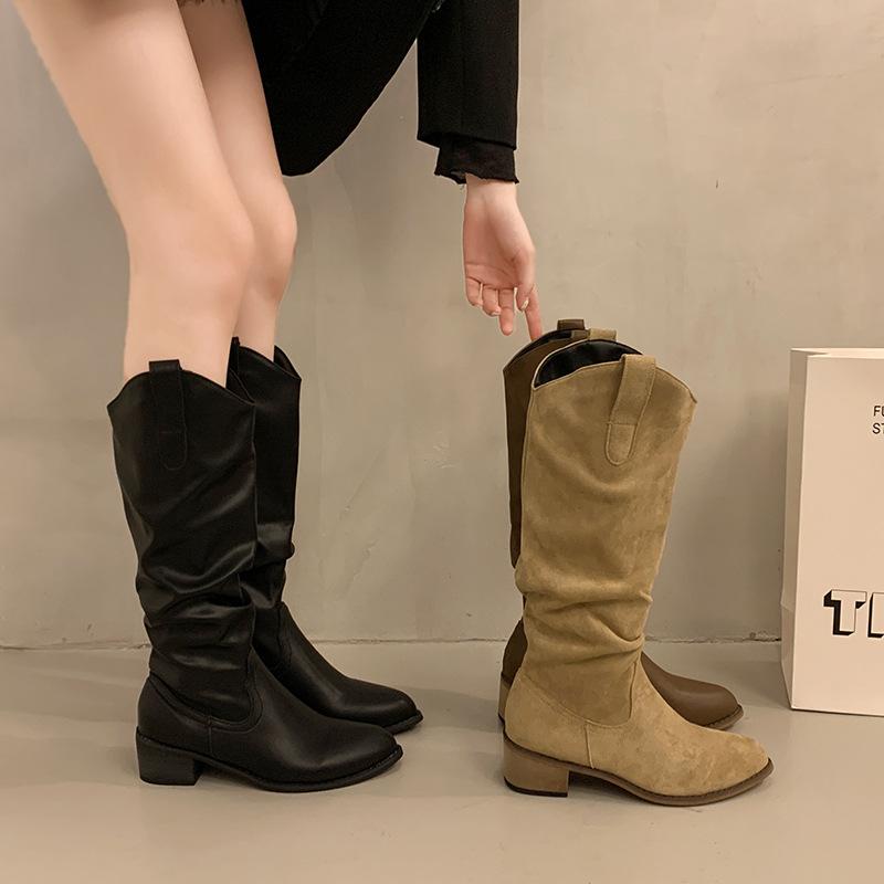 Brown V-mouth Boots Women's 2025 Spring New Thick Heel Suede Tall Knight Boots Popular Western Pile Boots