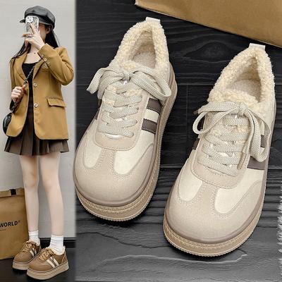 Fashion Women's Thick Sole Casual Shoes Anti-slip Round Head Keep Warm Lace Up Shoes Flat Middle Follow Front Lacing Velvet Lining 2024