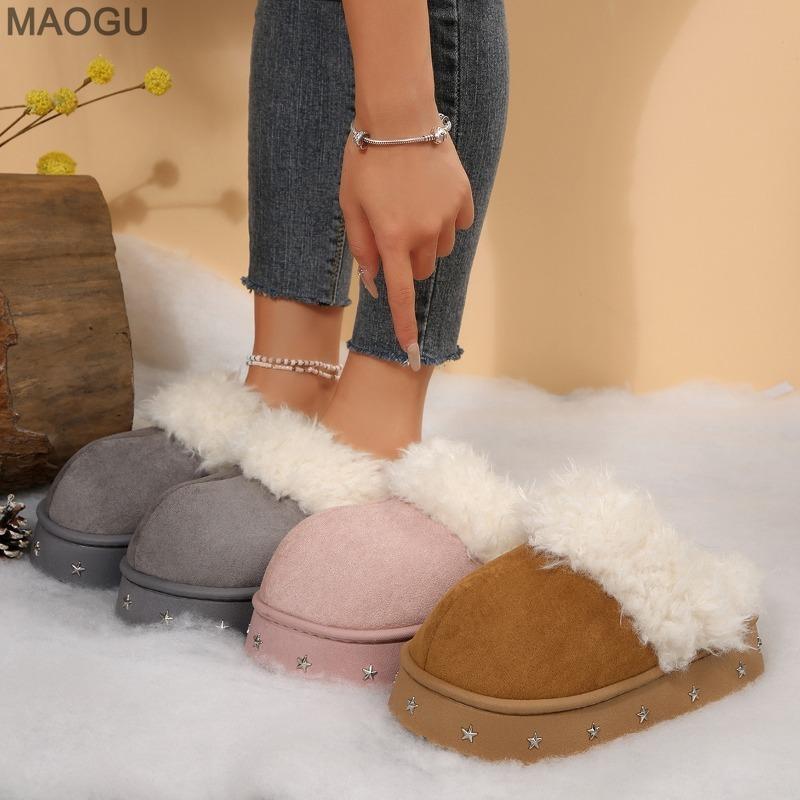 Women's Furry Cotton Slippers Star Decors Platform Sole Winter Warm Slip on Slides Cover Toe Outdoor Indoor Comfort House Shoes