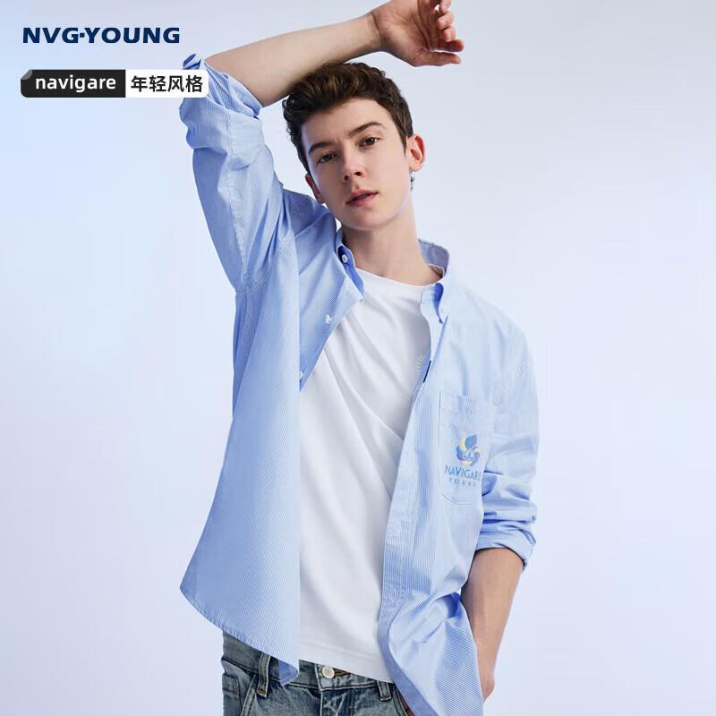 

NVG·YOUNG Men s Cotton Blue Stripe Long-Sleeve Casual Shirt 2XL