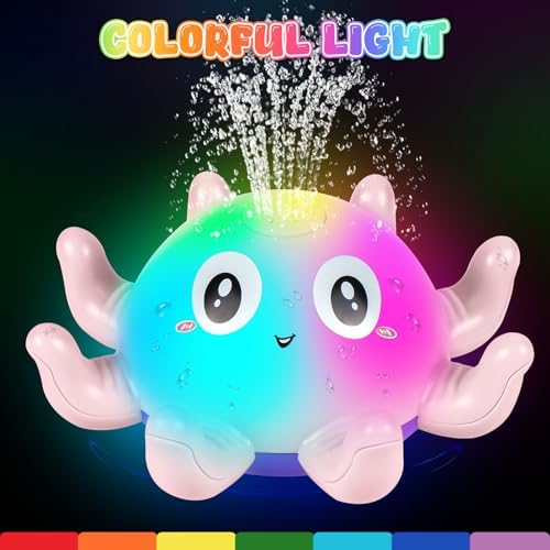 Jiosdo Glowing Octopus Bath Toys with Spray Light, Illuminated Baby Bath Toys, Water Spray Toy for Kids Gift for Boys and Girls (Pink)