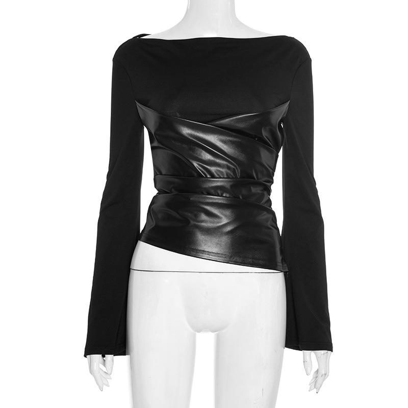 Autumn Bell Sleeve Faux Leather Patchwork Knit Top for Women