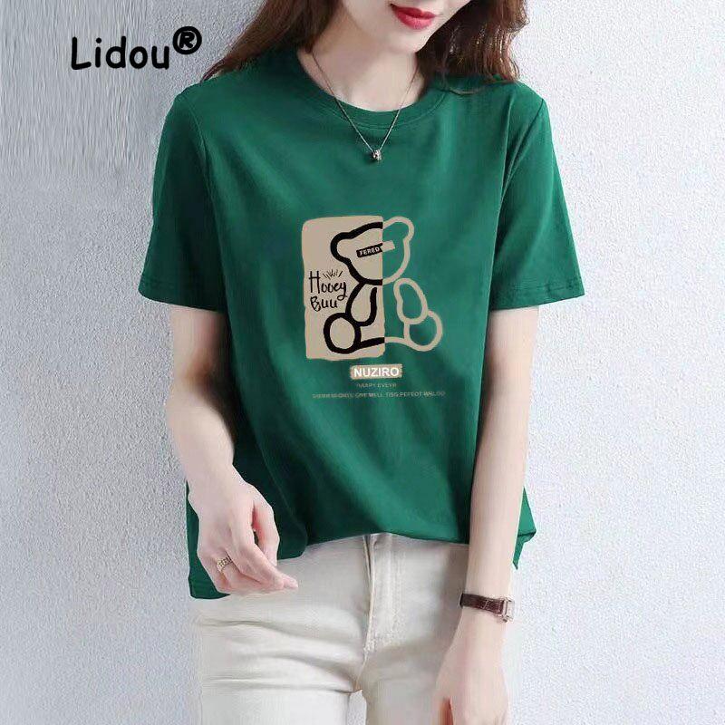 

Summer Cotton Painting Bears T-shirt Women New O-collar Short Sleeve Loose Casual Letter High Quality Ventilate Lady Top L червоний