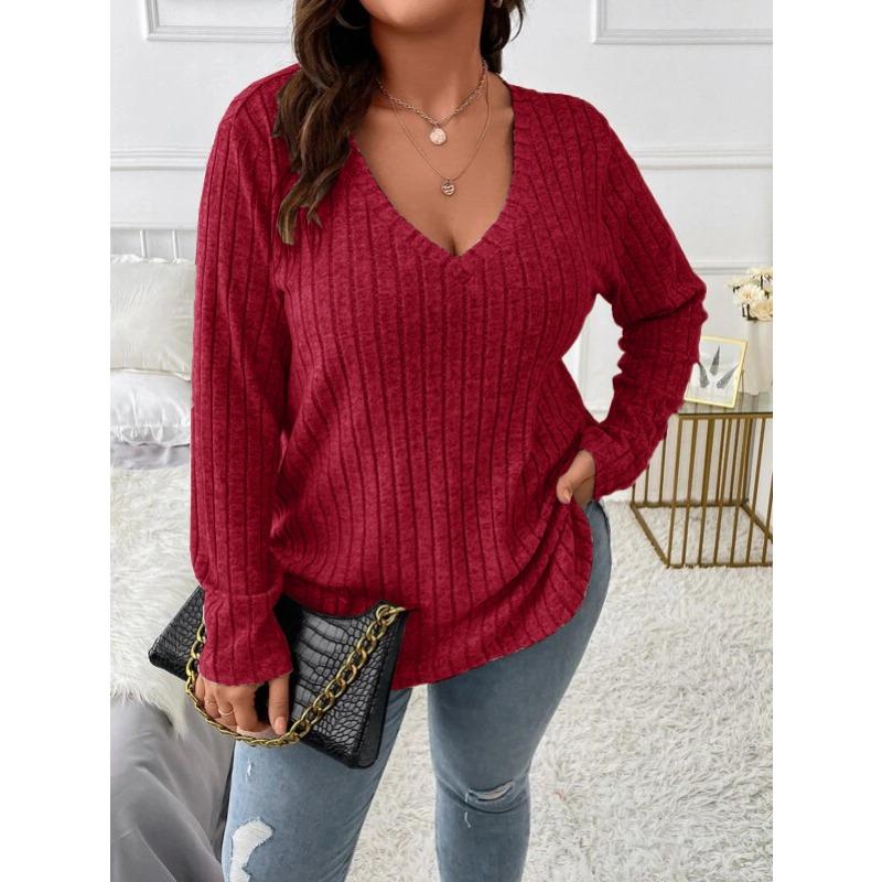 Podzimní a zimní jednobarevný top s výstřihem do V a dlouhým rukávem s žebrováním, česaný, volný pulovr plus size dámská trička