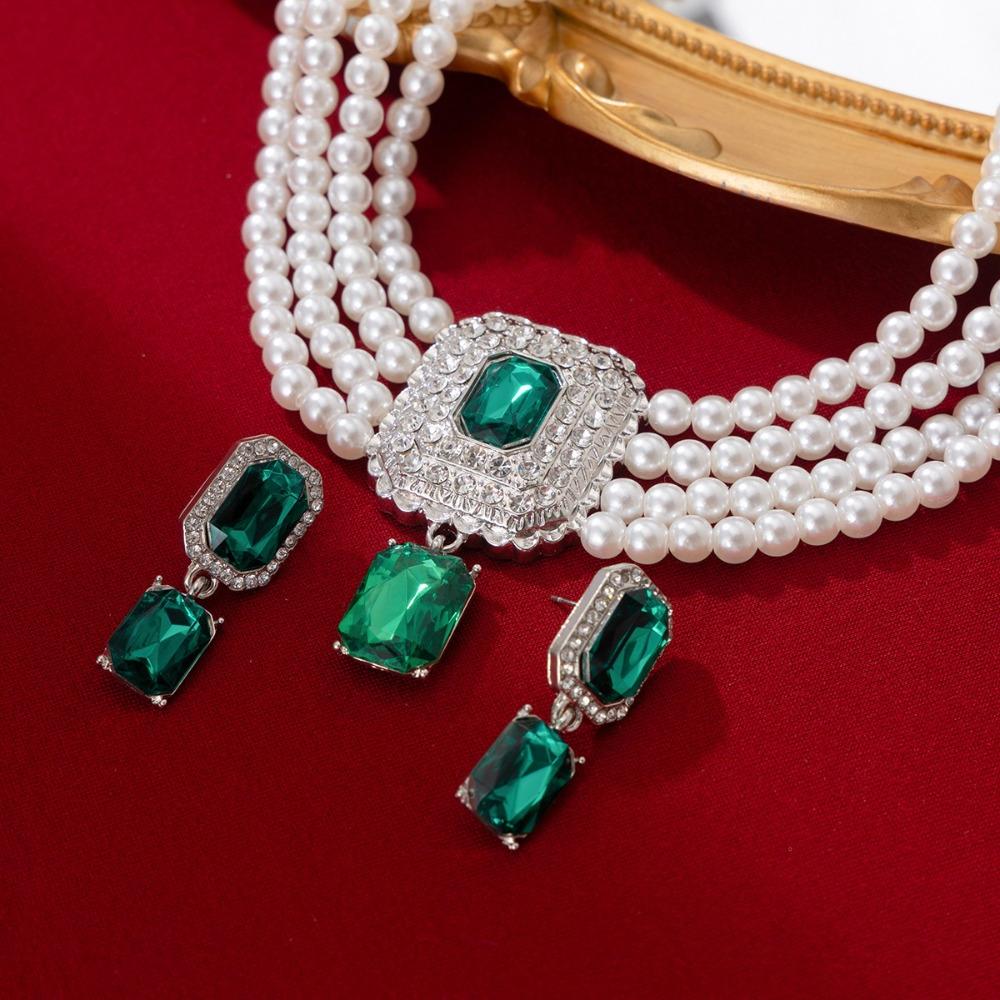 Charm Rhinestone Necklace Earrings Imitation Choker Necklace Set Pearl Multilayer Necklace Party