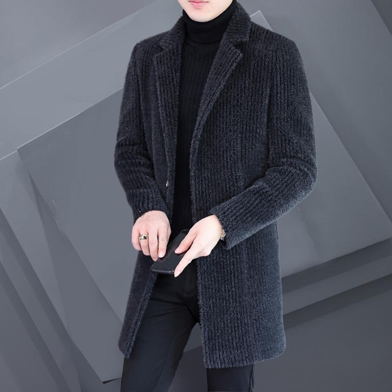 Men's Striped Mid-Length Overcoat Suit Collar Trench Coat, 2023 Autumn/Winter, Youth Plus Cotton, Thickened.