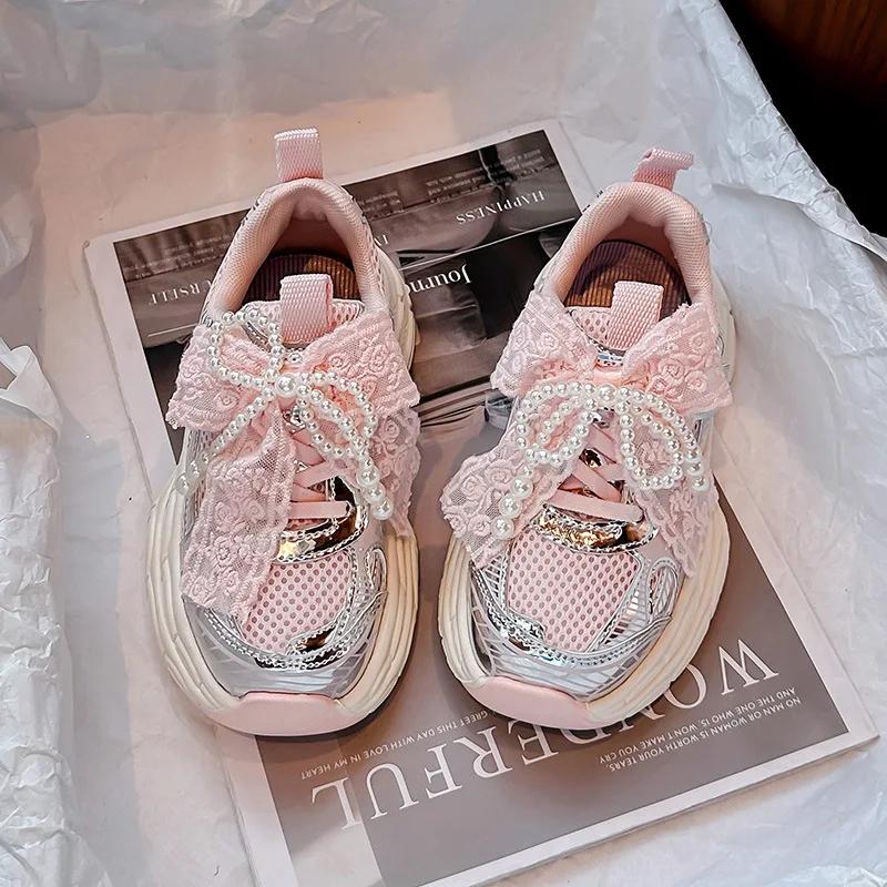

Girls Sports Shoes with Sweet Mesh Bow Kids Running Shoes Breathable New Fashion Children Sneakers Princess Style Cute 26