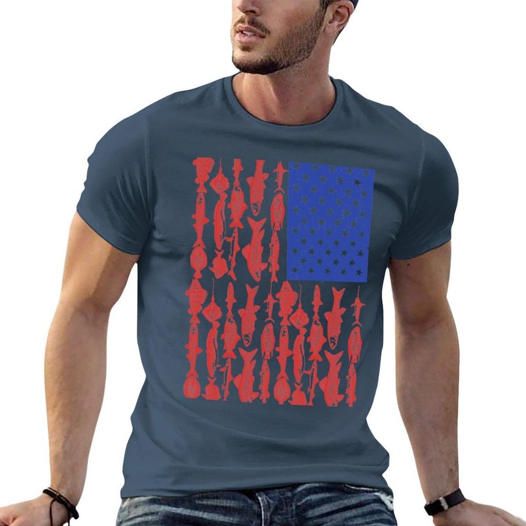 American Flag Fishing Design Tshirt Basic Simple Casual Short Sleeve Tee
