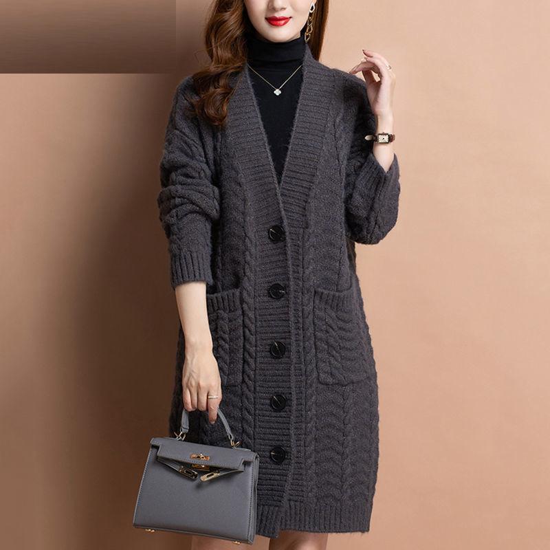 

Осенне-зимний трикотажный жакет свободного покроя большого размера для женщин средней длины свитер кардиган верхняя одежда для женщин M черный серый