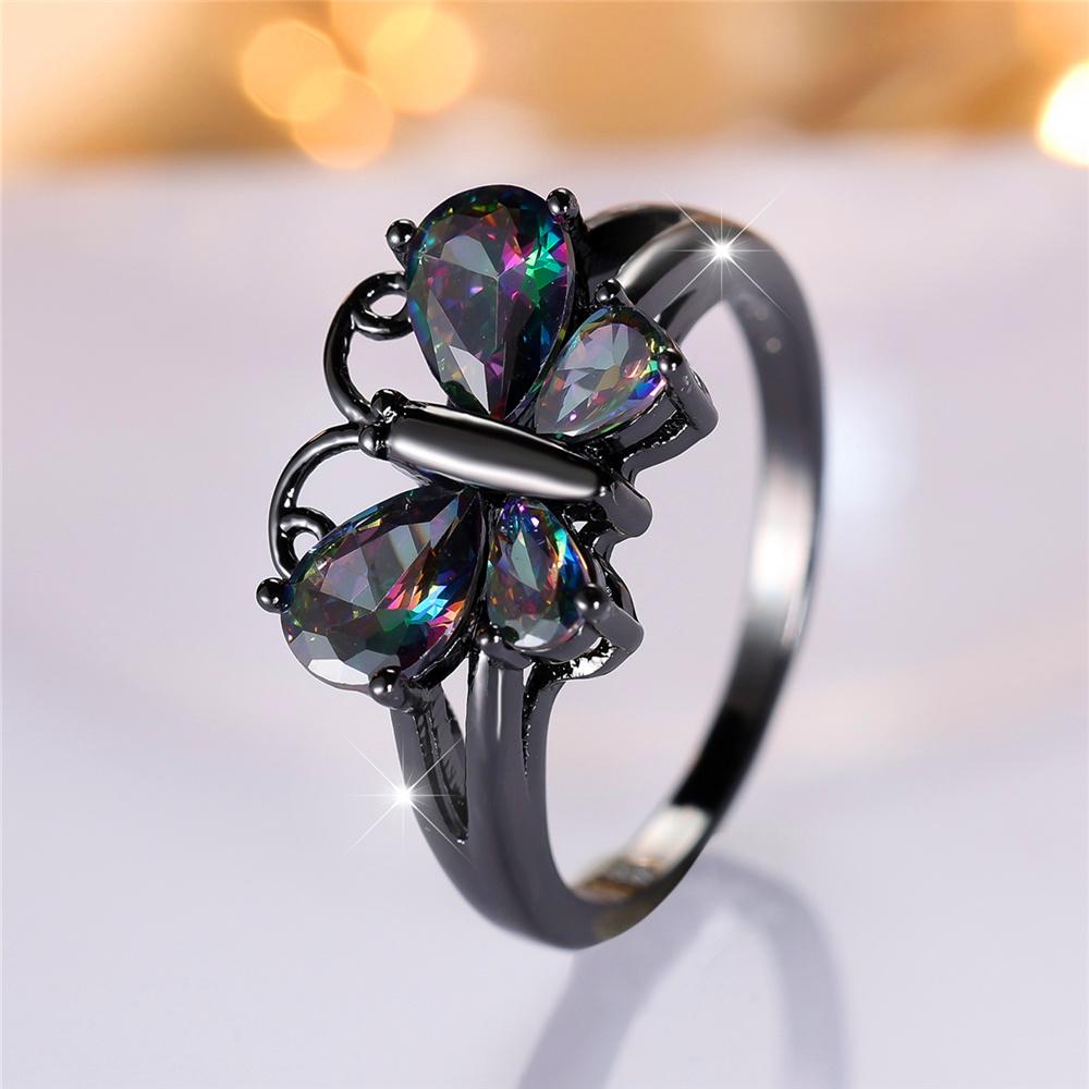 Trendy Cute Female Rainbow Zircon Stone Butterfly Ring Vintage Fashion Black Gold Color Wedding Jewelry For Women