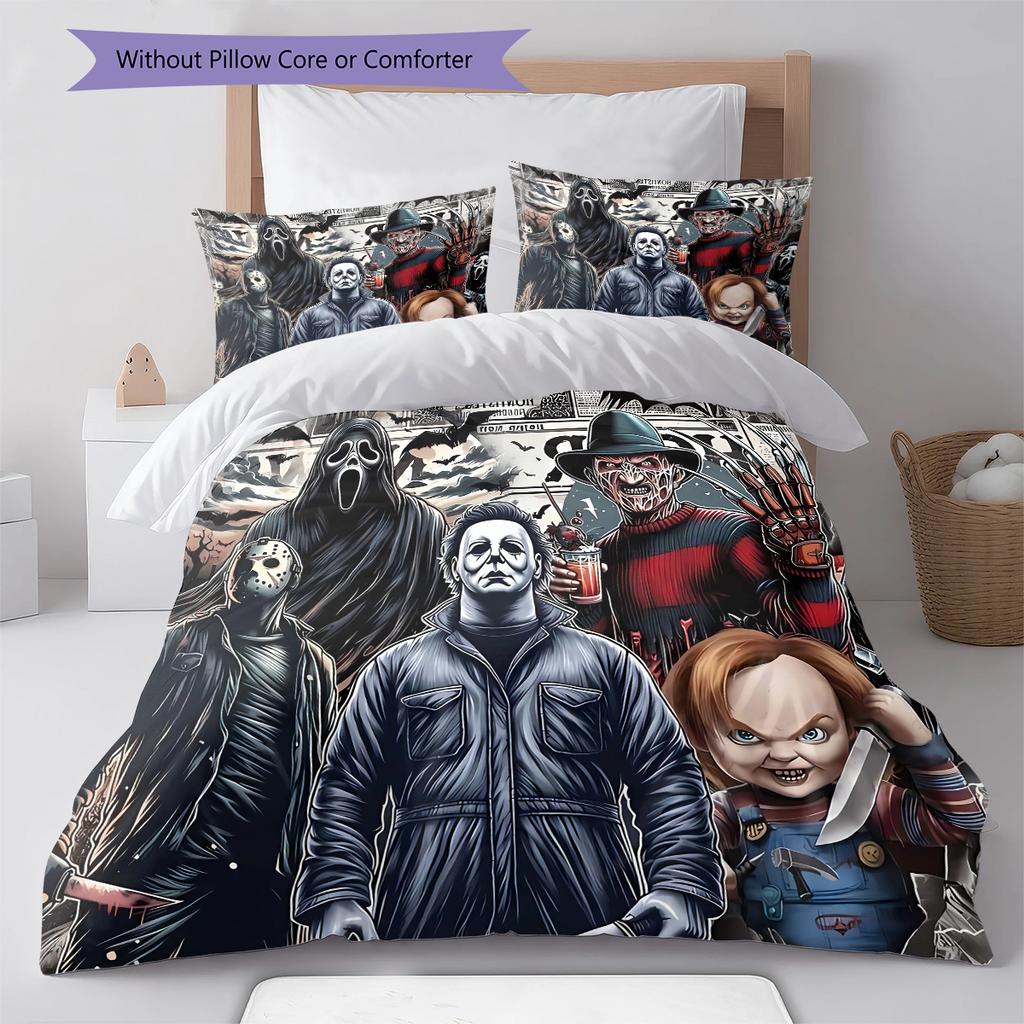 Horror Killer Pattern Bedding Quilt Set Quilt Cover Pillowcase Home Decoration Gift (1 * Duvet Cover + 2 * Pillowcase, Without Core)