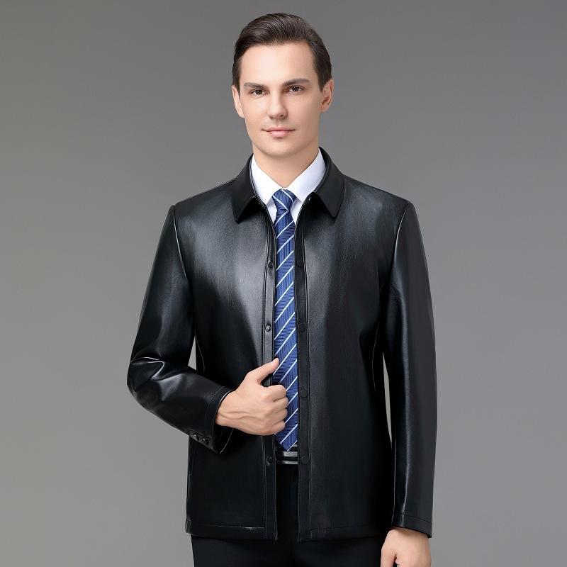 Pánská kožená bunda z pravé kůže plus sametová zateplená se stojáčkem zimní ochrana pro střední věk motorkářská kožená bunda high-end bunda