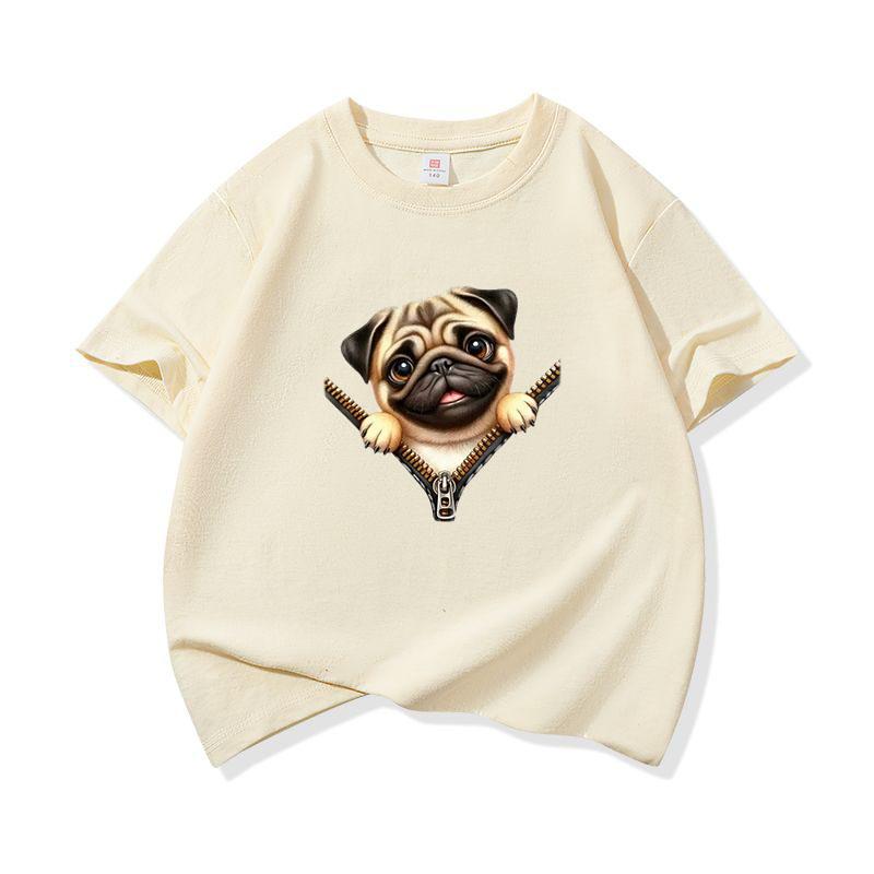 Kids Cotton T Shirt Charming Pug Dog Zipper Print Crew Neck Short Sleeve Tee Casual Breathable Boys Girls Summer Tops