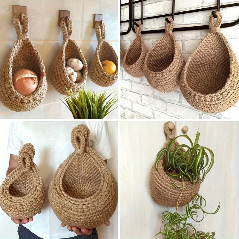 Boho Chic 3pcs Set of Hand-Woven Cotton Rope & Linen Baskets with Hooks - Ideal for Hanging Fruits, Vegetables