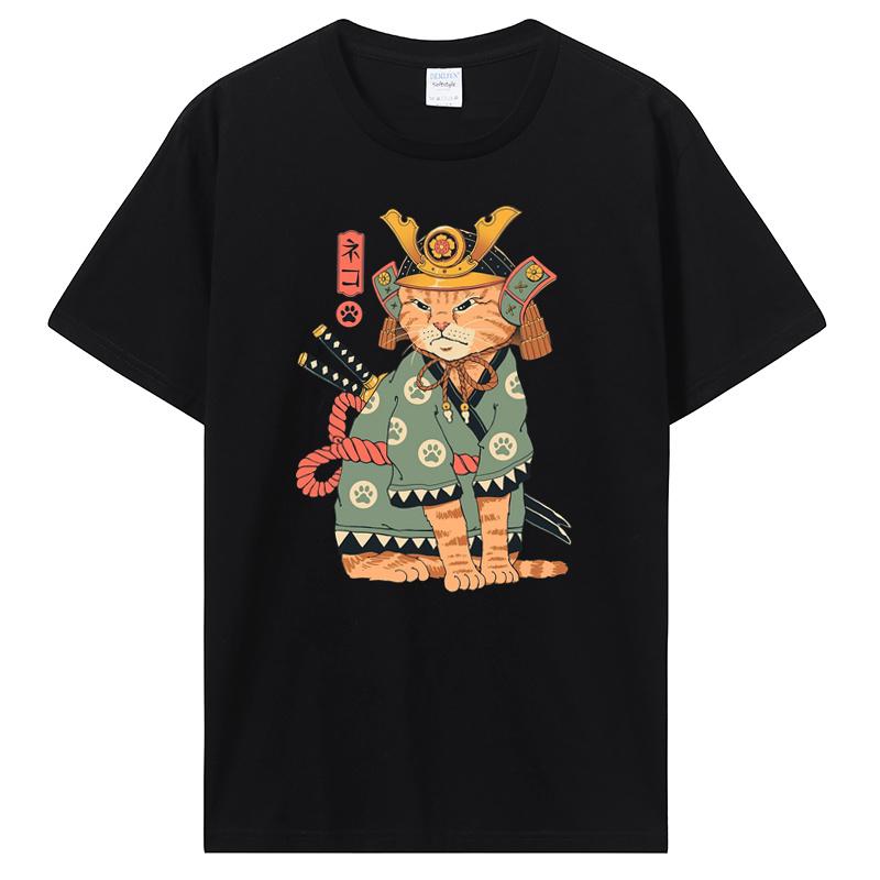 Summer New Men Japanese Samurai Cat Graphic T Shirt Fashion Casual Personality Cool T-shirt Print Cotton Tees Tops