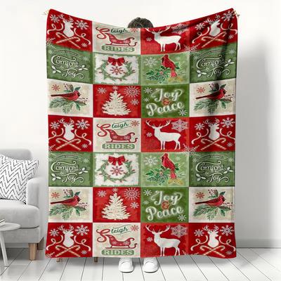 Christmas Patchwork Fleece Blanket Reindeer Cardinal Tree Pattern Soft Cozy Throw Blanket for Couch Lounging Ideal Gifts