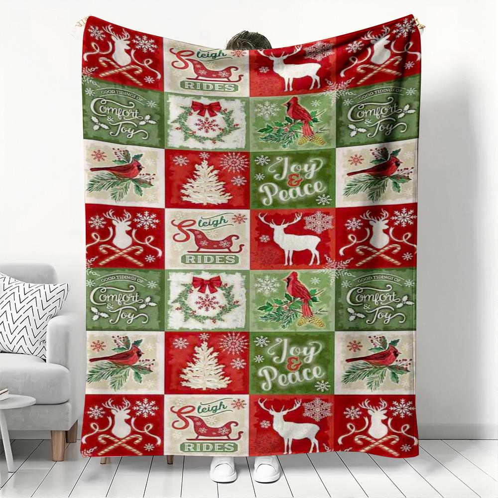 Christmas Patchwork Fleece Blanket Reindeer Cardinal Tree Pattern Soft Cozy Throw Blanket  for Couch  Lounging Ideal Gifts
