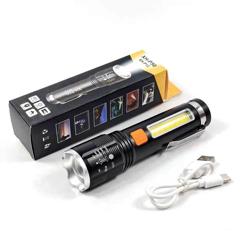 Super Bright Flashlight 4 Modes Zoomable With Cob Side Floodlight XH-P50 Led Mini Cob Spotlight Rechargeable Flashlight