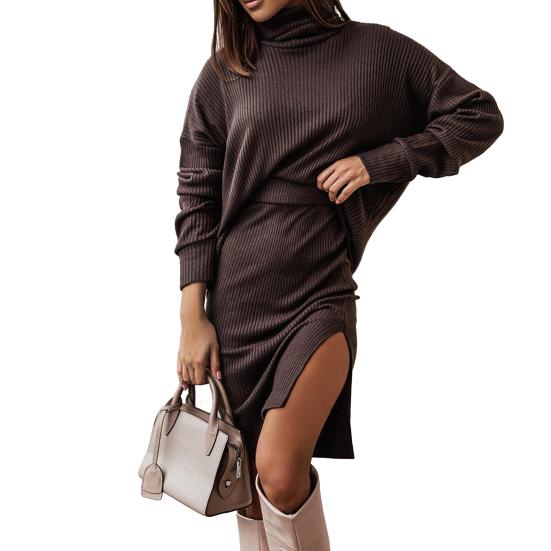 

Женский комплект из 2 предметов: свитер с высоким воротником и рукавами летучая мышь + облегающая юбка с разрезом. Повседневный вязаный комплект для осени и зимы. S темно-коричневого