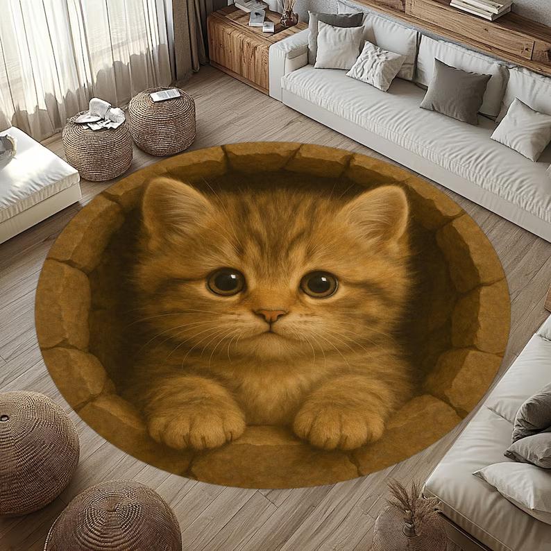 Коврик Круглый Кот Оптическая Иллюзия 3D Черный Кот Ковер для Гостиной Хэллоуин Домашний Декор Ведьминская Готическая Эстетика Напольное Искусство 80cm x 80cm