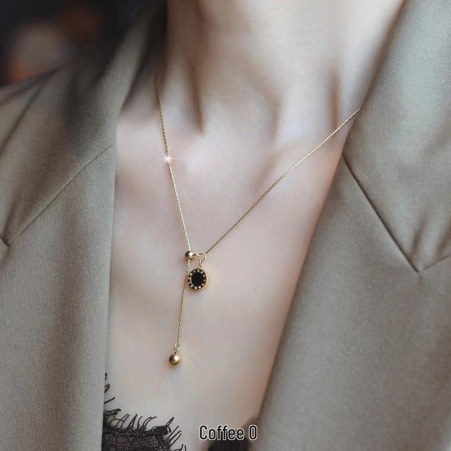 Elegant Black & White Roman Shell Necklace: Titanium Steel Tassel Pendant with Versatile Clavicle Chain