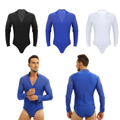 Mens Latin Dance Shirt Rhinestone V-Neck Dance Shirt Ballroom Latin Dancing Clothes Professional Competition Dancewear