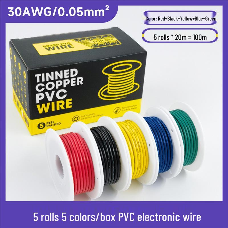 5 Rolls PVC Electronic Wire, 5 Colors, 16-30 AWG Tinned Copper Core, High Temp Resistant