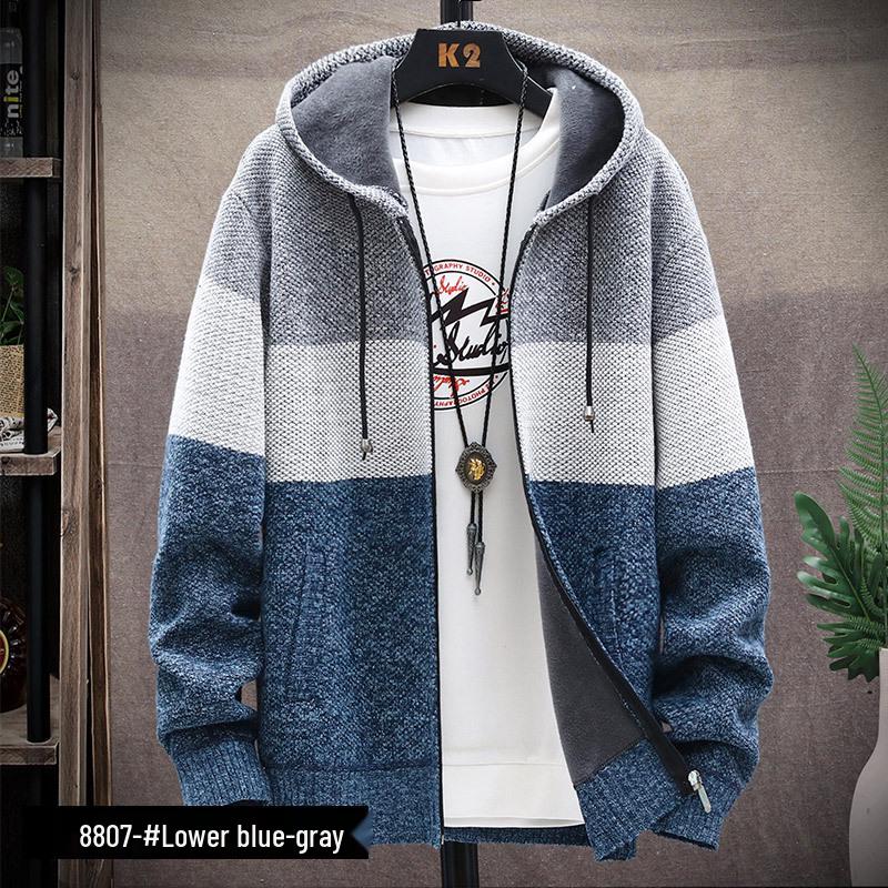

Men s Hooded Cardigan Sweater - Autumn/Winter 2026 Collection, Casual Loose Fit, Thick & Stylish Jacket M сине серый