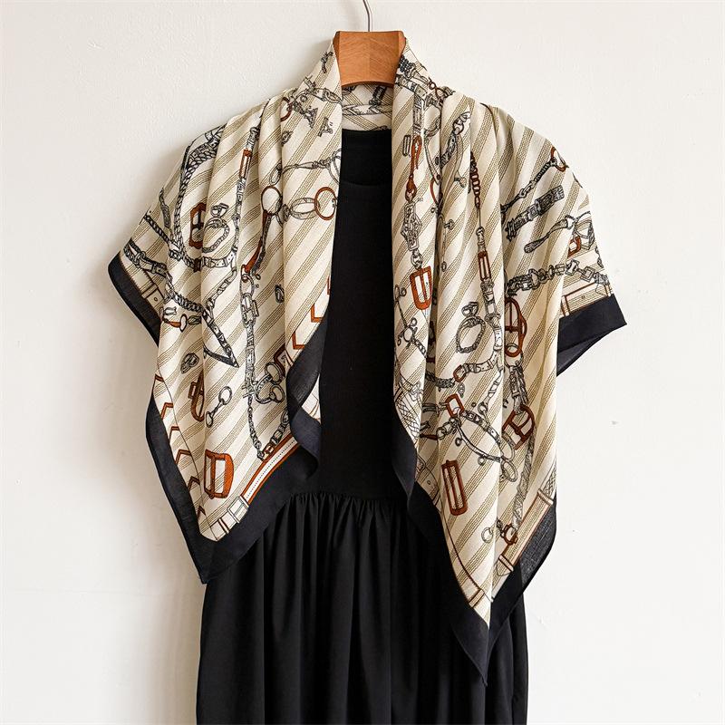 Light Luxury Retro Large Square Scarf Cotton and Linen Feeling Simulation Silk Versatile Herringbone Velvet Shawl Scarf Printed Headscarf Scarf