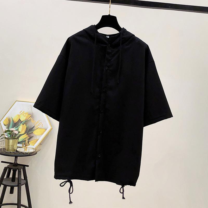 

Літній тонкий кардиган великого розміру з капюшоном, з коротким рукавом, модний, ретро, однотонний, на ґудзиках, сорочка на кулісці, вільний, повсякденний, трендовий топ 4XL чорний