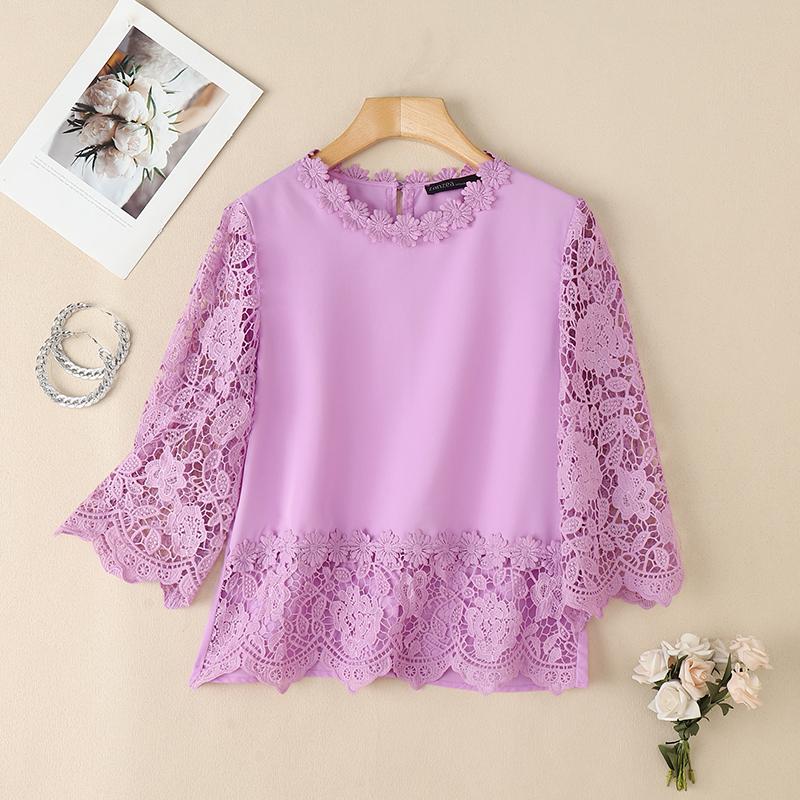 ZANZEA Women Casual Lace Crochet Splice 3/4 Sleeve Loose Blouse