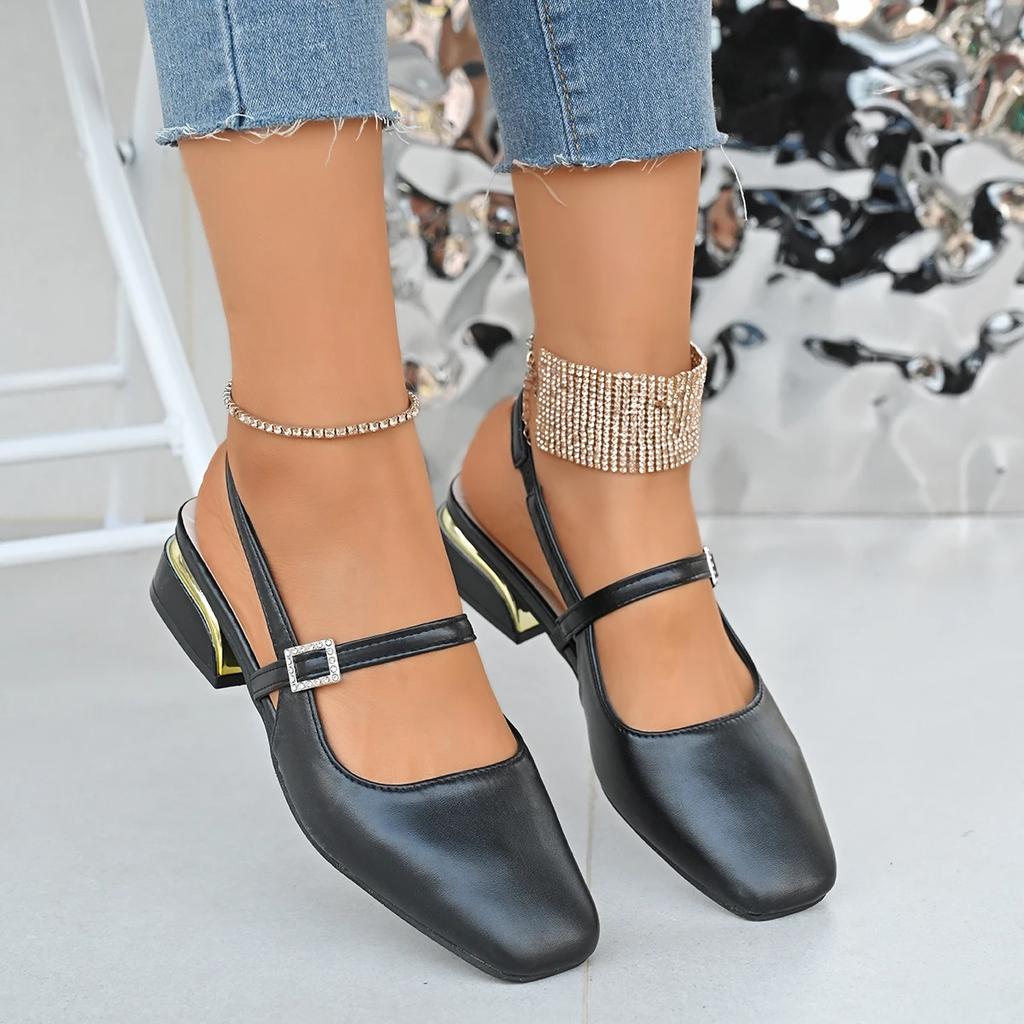 Sandálias Femininas da Moda com Saltos Grossos Sem Salto para Uso Casual Novas Sandálias de Trabalho de Verão Bico Quadrado Fivela Salto Alto Sapatos para Mulheres