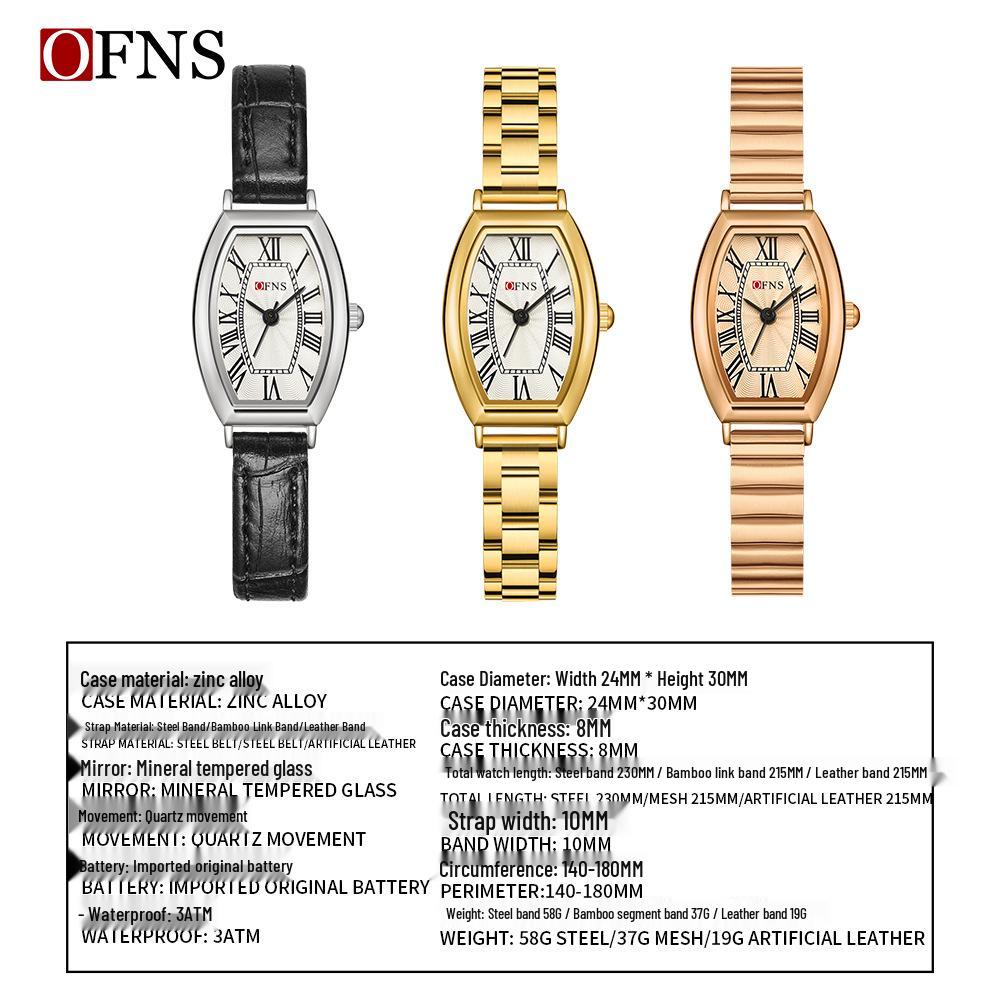 OFNS Women's Artistic Retro Barrel-Shaped Quartz Watch with Roman Numerals