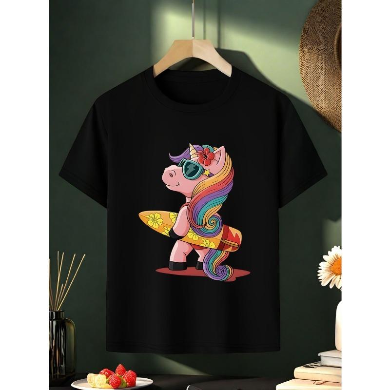 Europeiska storlekar Flickors Enhörnings Surf T-shirt - Söt Regnbåge & Enhörnings Grafisk T-shirt med Pastellfärger, Mjuk Rundhalsad Sommarskjorta för Strand,