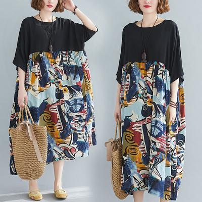 Summer Literary Plus Size Loose Contrasting Color Large Swing Printed Short Sleeved Dress for Women
