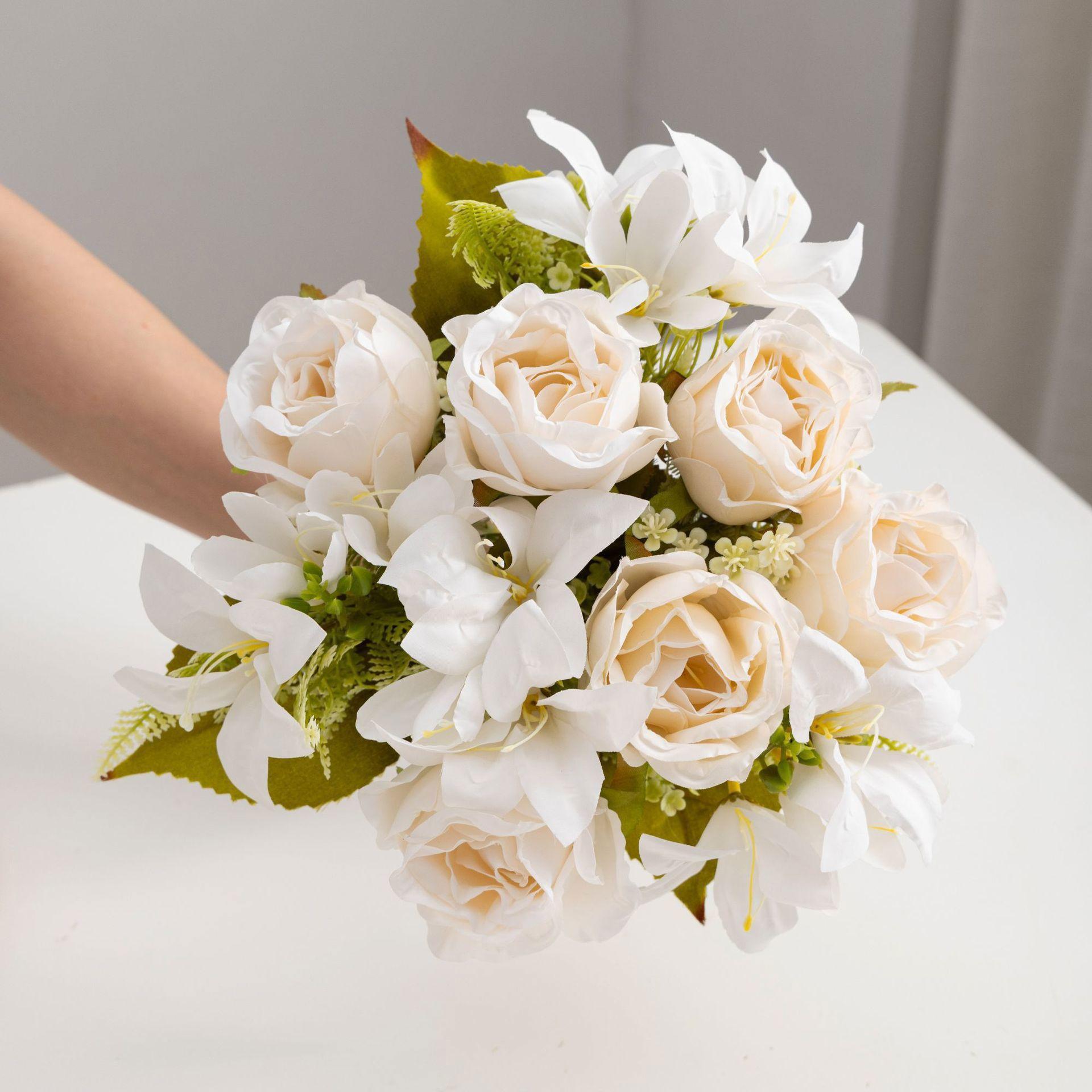 

2 пучка искусственных цветов, шелковые розы, лилии, букеты, для улицы, сада, свадьбы, свадебные аксессуары, рождественский декор, для дома, фестиваля, вечеринки, подарок своими руками белый