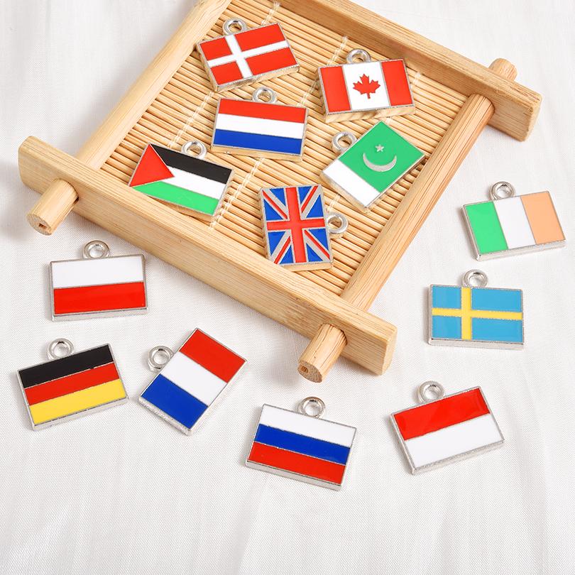 5pcs/Lot Different Countries Flags Enamel Charms For Jewelry Making Supplies Rectangle Silver Color Pendants Handmade Materials